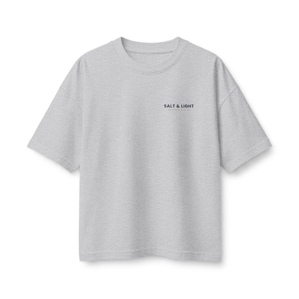 Salt & Light Women's Boxy Tee, Athletic Heather, front view, small chest print, SALT & LIGHT., Matthew 5:13–14 (KJV)