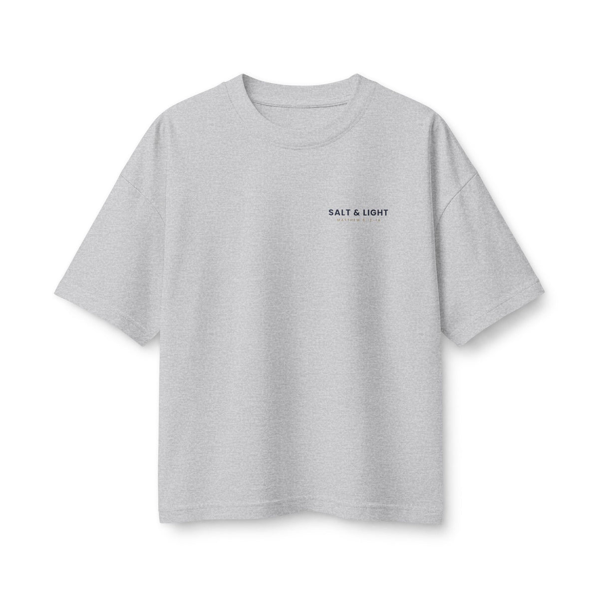 Salt & Light Women's Boxy Tee, Athletic Heather, front view, small chest print, SALT & LIGHT., Matthew 5:13–14 (KJV)