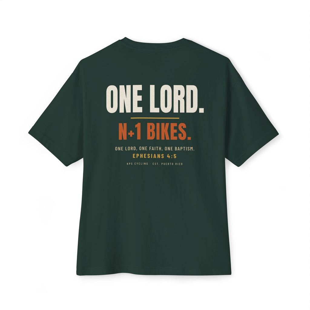 One Lord N+1 Bikes Cycling Tee, Forest, back view, ONE LORD. N+1 BIKES. Ephesians 4:5 (KJV)