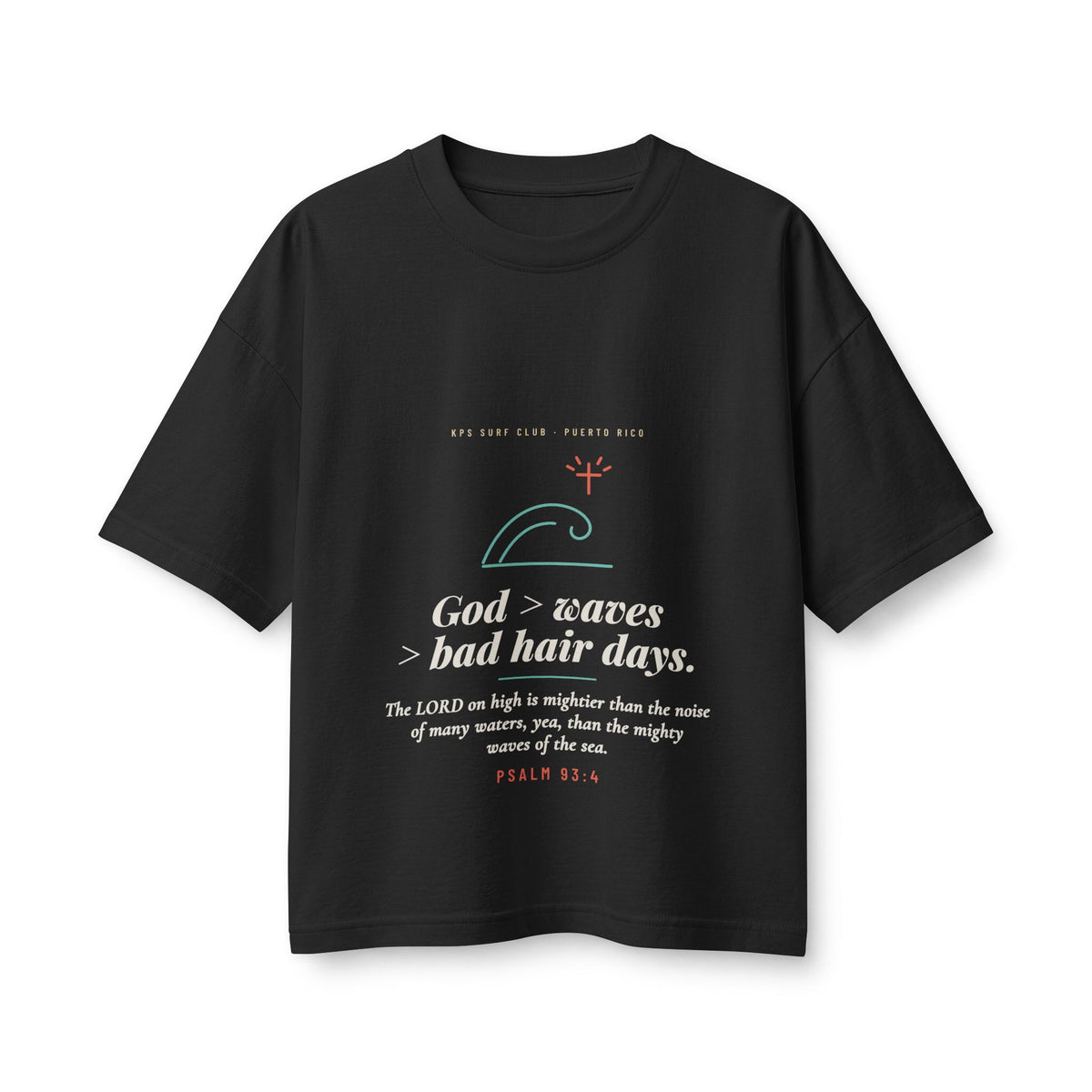 God > Waves > Bad Hair Days Women's Boxy Tee, Vintage Black, front view, GOD > WAVES > BAD HAIR DAYS. Psalm 93:4 (KJV)