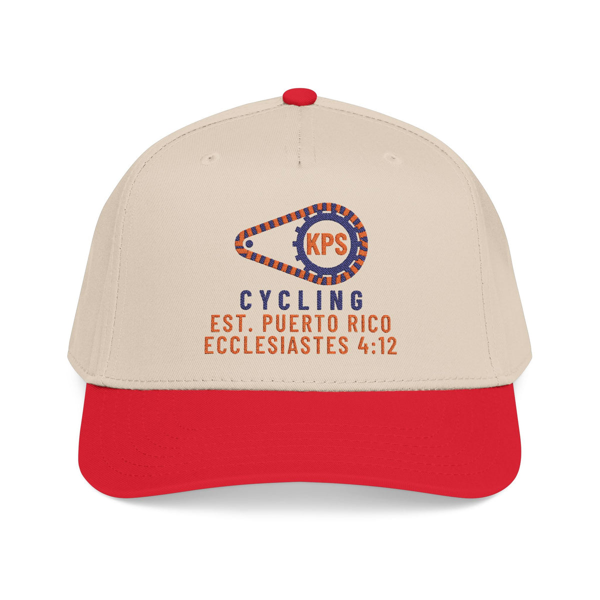 KPS Cycling Club Cap, Red / Natural, front view, KPS CYCLING CLUB., Ecclesiastes 4:12 (KJV)