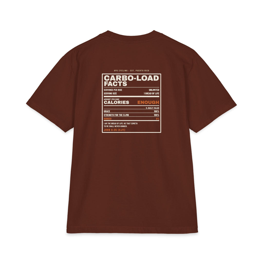 Carbo-Load Facts Cycling Tee, Brown, back view, CARBO-LOAD FACTS. John 6:35 (KJV)