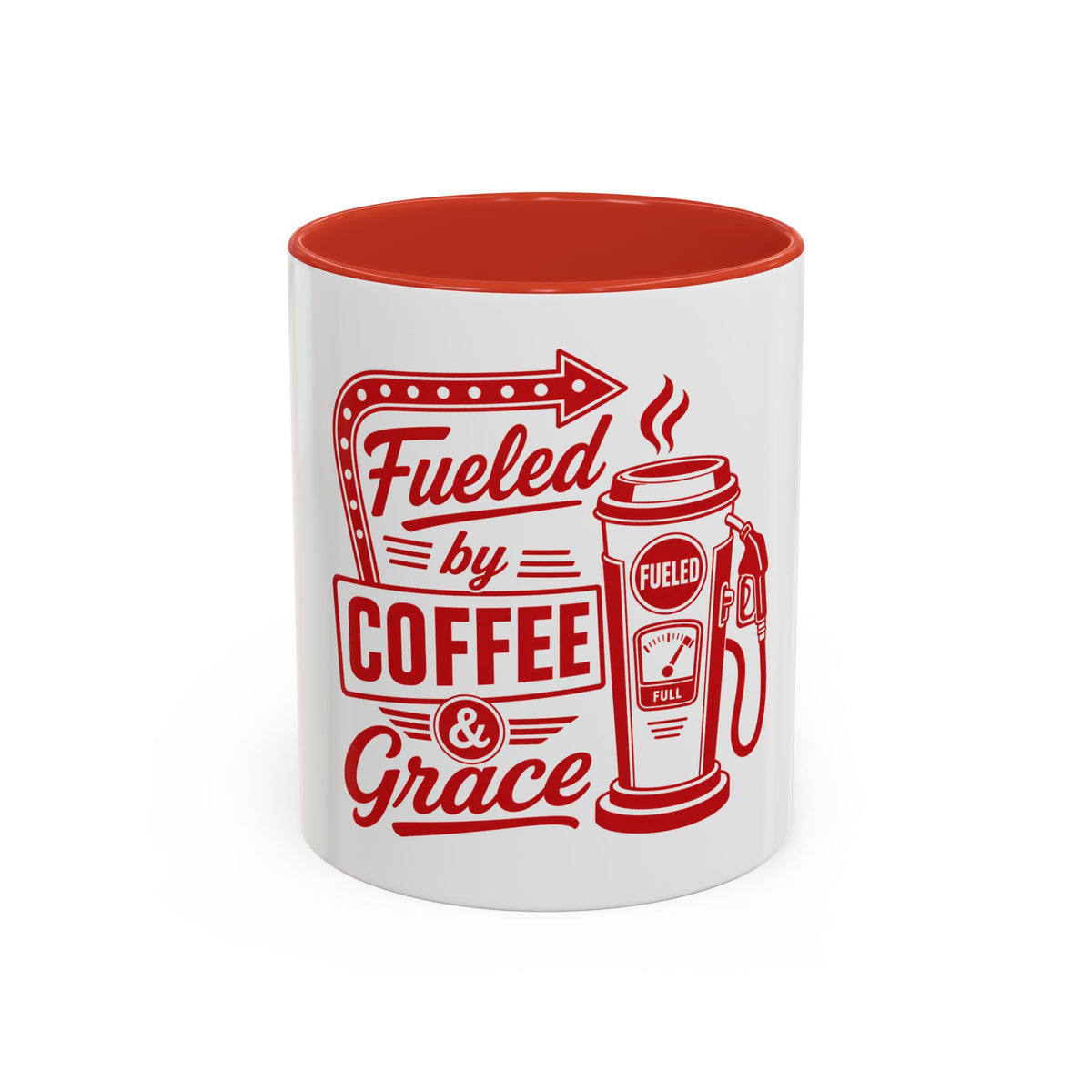 Fueled by Coffee & Grace Mug, mug, Red inside and handle, front view, FUELED BY COFFEE & GRACE., 2 Corinthians 12:9 (KJV)