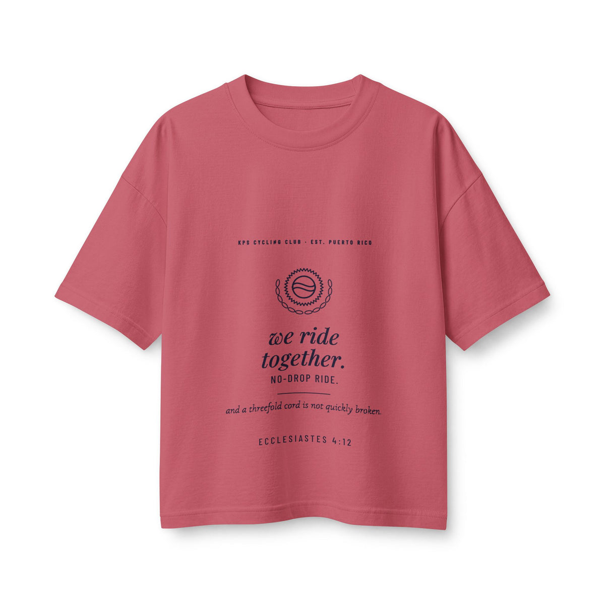 We Ride Together Women's Boxy Tee, Vintage Red, front view, WE RIDE TOGETHER. (NO-DROP RIDE.) Ecclesiastes 4:12 (KJV)