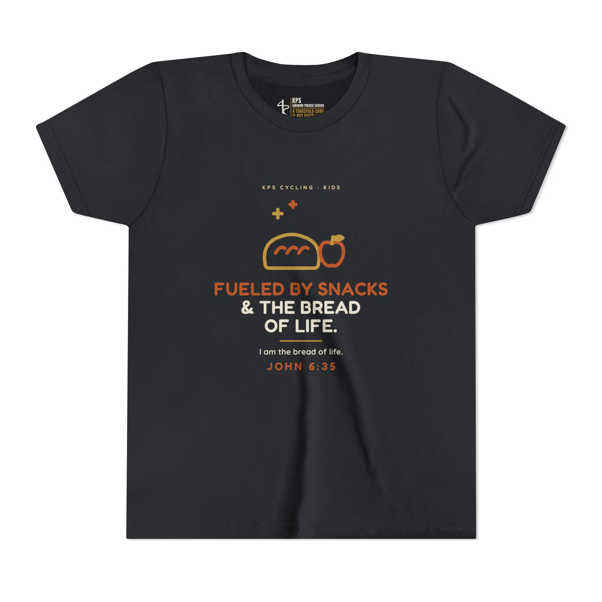 Fueled by Snacks & the Bread of Life Youth Tee, Vintage Black, front view, FUELED BY SNACKS & THE BREAD OF LIFE., John 6:35 (KJV)