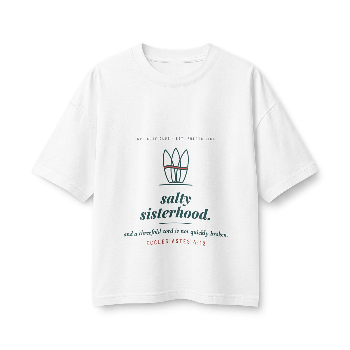 Salty Sisterhood Women's Boxy Tee, White, front view, SALTY SISTERHOOD. Ecclesiastes 4:12 (KJV)