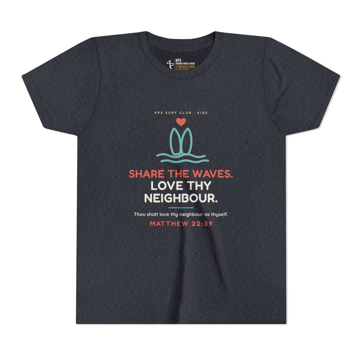 Share the Waves Youth Tee, Heather Navy, front view, SHARE THE WAVES. LOVE THY NEIGHBOUR., Matthew 22:39 (KJV)