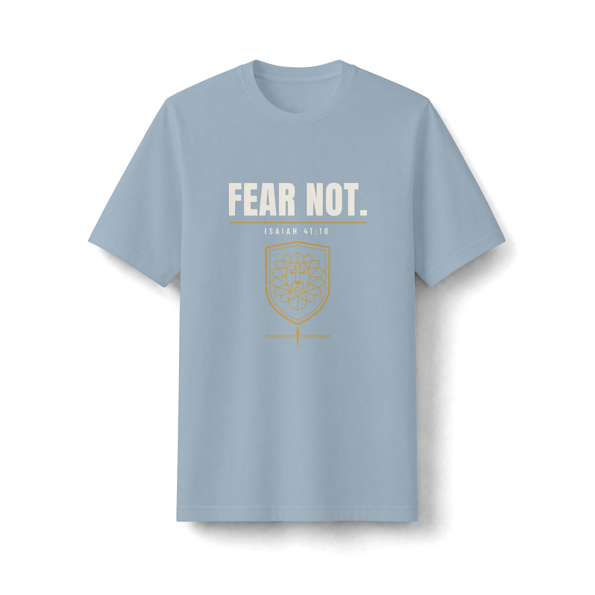 Fear Not Tee, t-shirt, Stonewash Denim, front view, FEAR NOT., Isaiah 41:10 (KJV)