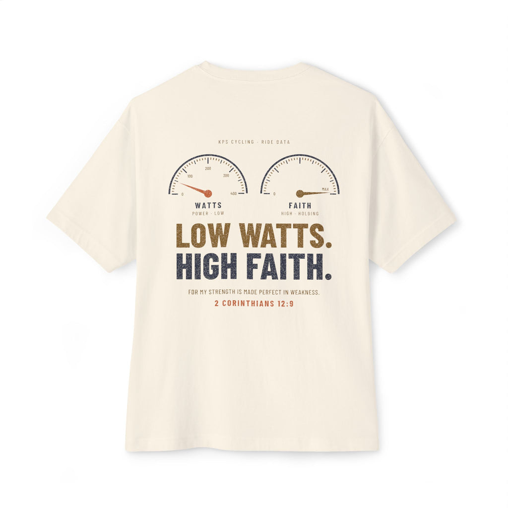 Low Watts High Faith Cycling Tee, Natural, back view, LOW WATTS. HIGH FAITH. 2 Corinthians 12:9 (KJV)