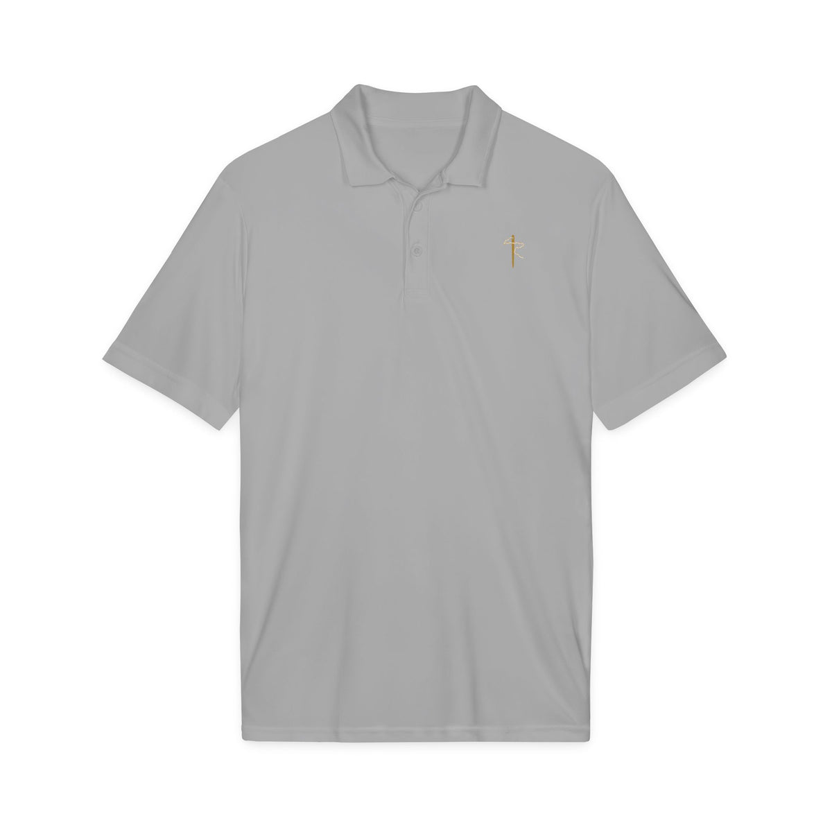 Embroidered Gold Cross Polo, polo shirt, Silver, front view, THE CROSS., Galatians 6:14 (KJV)