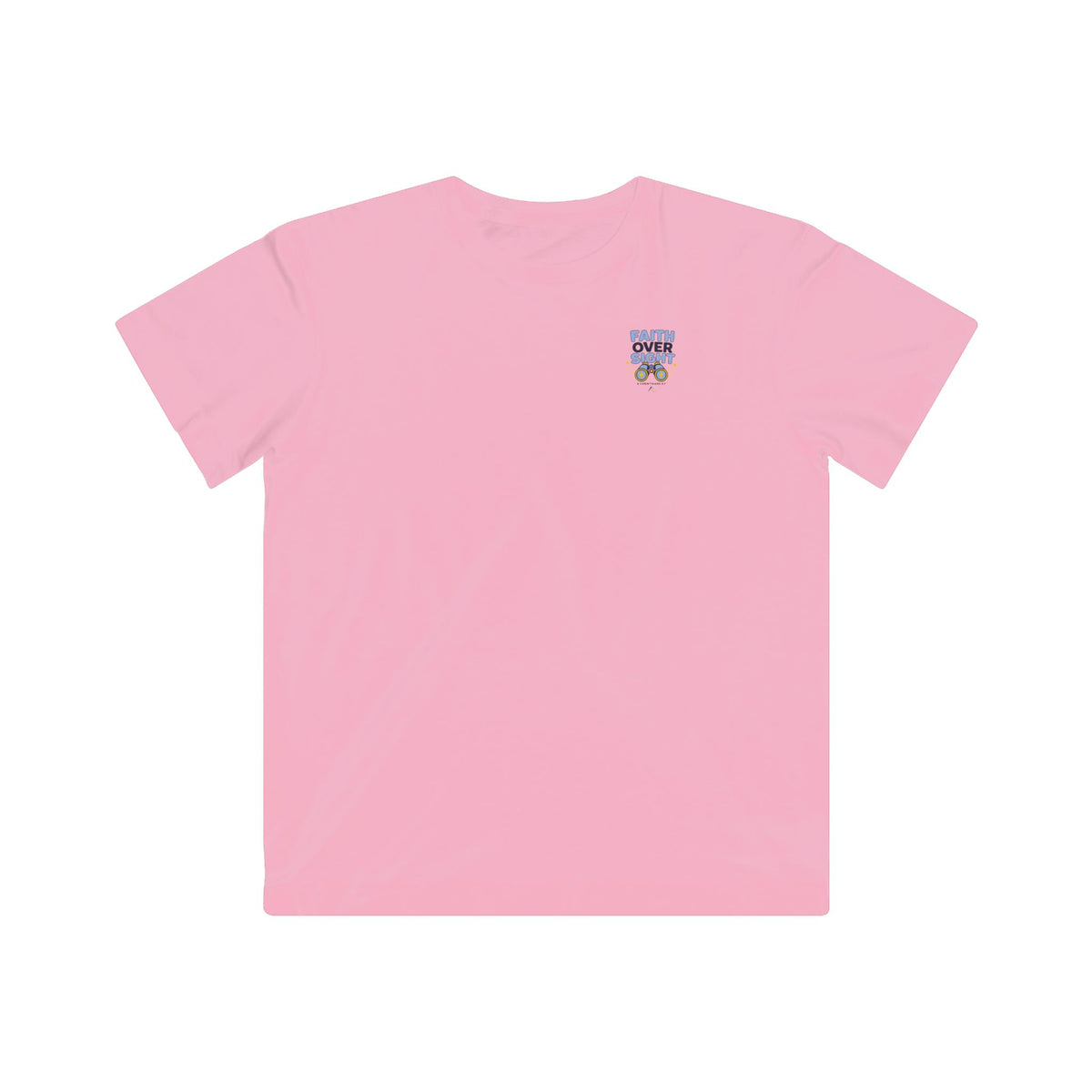 Faith Over Sight Kids Tee, Pink, front view, small chest emblem, FAITH OVER SIGHT., 2 Corinthians 5:7 (KJV)