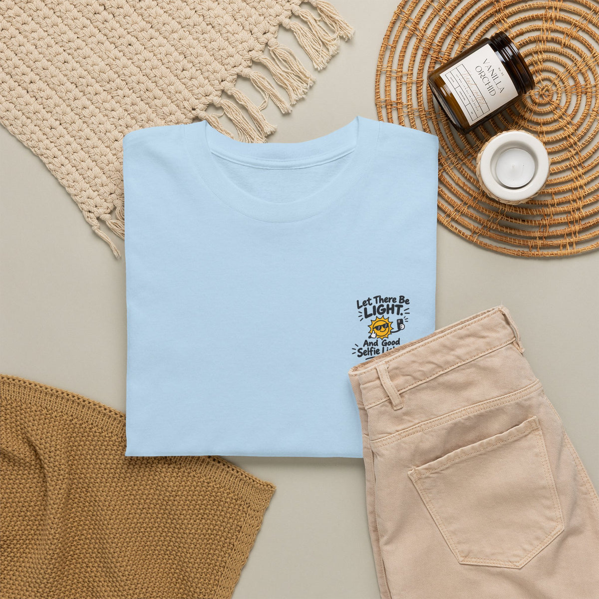 Selfie Lighting Tee, t-shirt, Light Blue, lifestyle photo, LET THERE BE LIGHT… AND GOOD SELFIE LIGHTING., Genesis 1:3 (KJV)