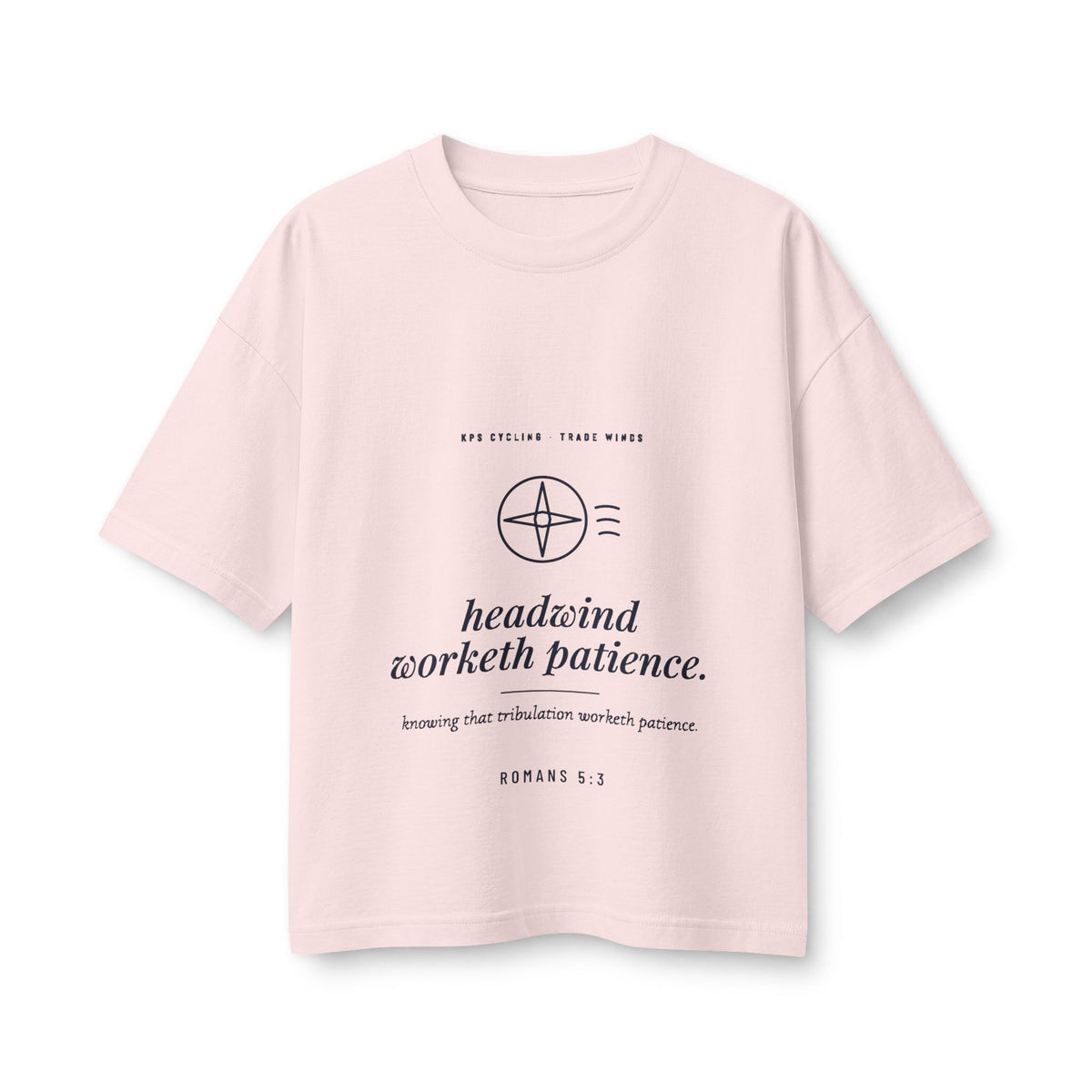 Headwind Worketh Patience Women's Boxy Tee, Soft Pink, front view, HEADWIND WORKETH PATIENCE. Romans 5:3 (KJV)