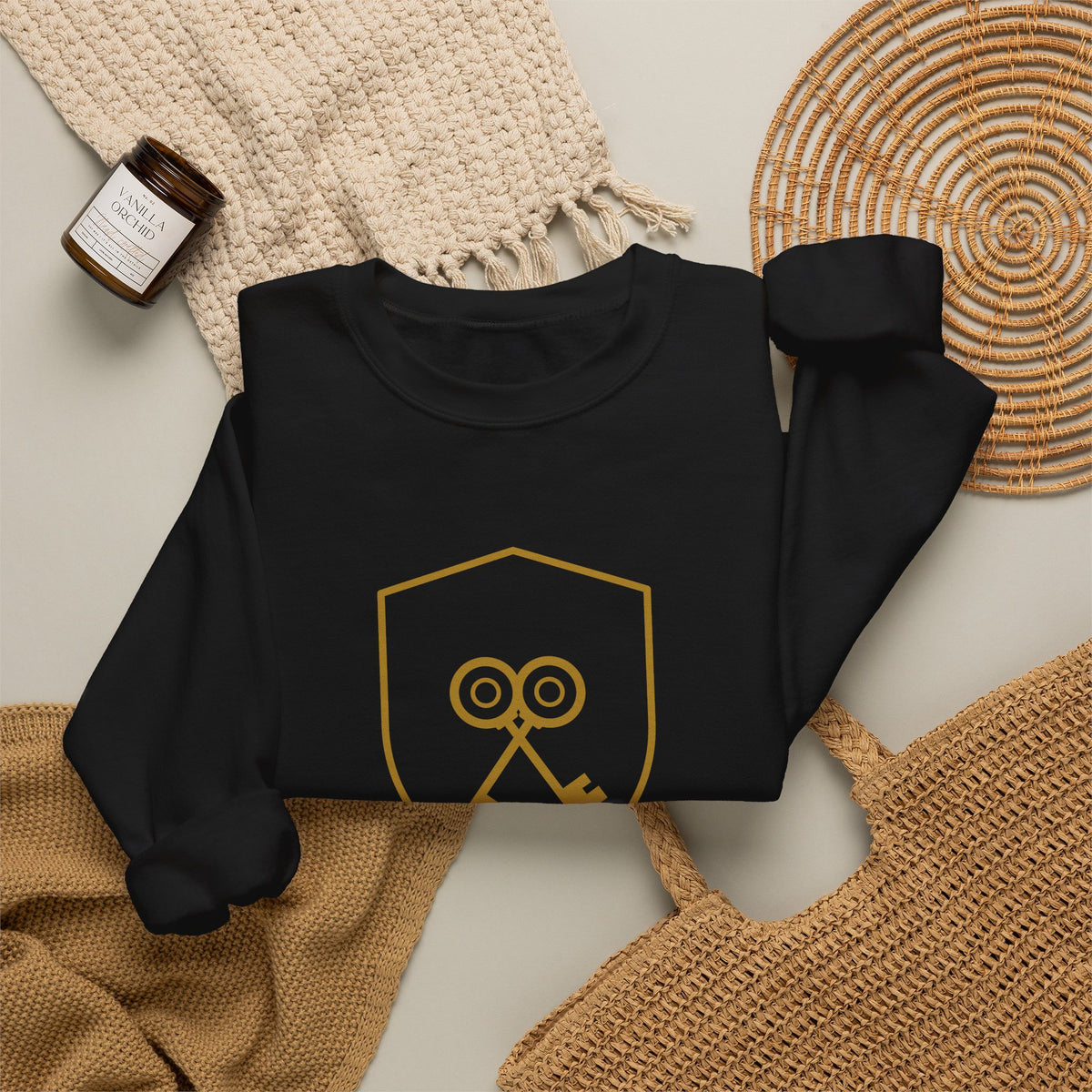 Crossed Keys Crewneck, sweatshirt, Black, front view, styled flat lay, KEYS OF THE KINGDOM., Matthew 16:19 (KJV)