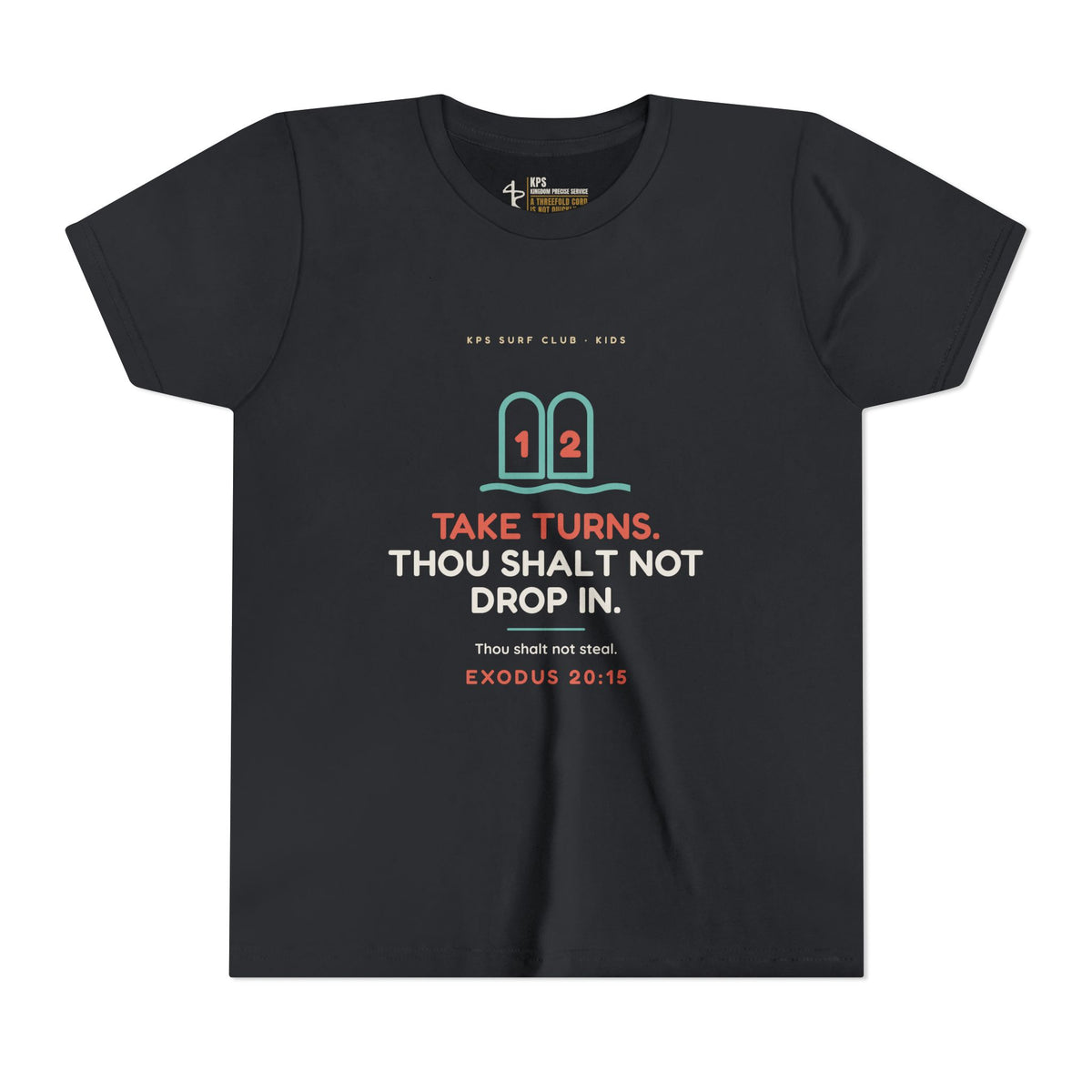 Take Turns Youth Tee, Vintage Black, front view, TAKE TURNS. THOU SHALT NOT DROP IN., Exodus 20:15 (KJV)