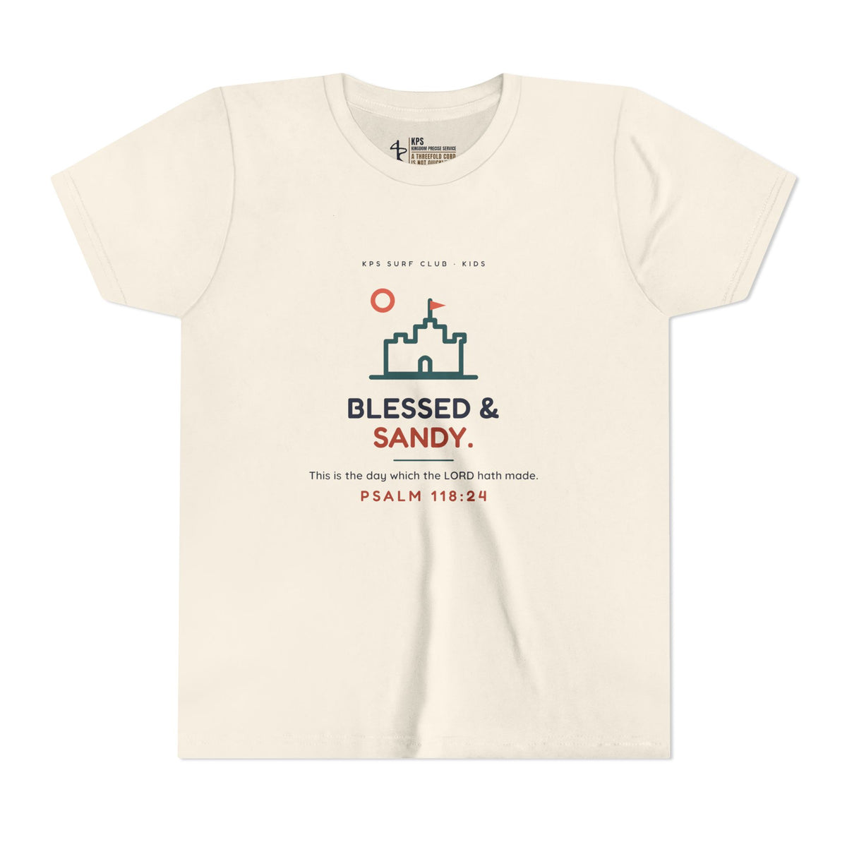 Blessed & Sandy Youth Tee, Natural, front view, BLESSED & SANDY., Psalm 118:24 (KJV)