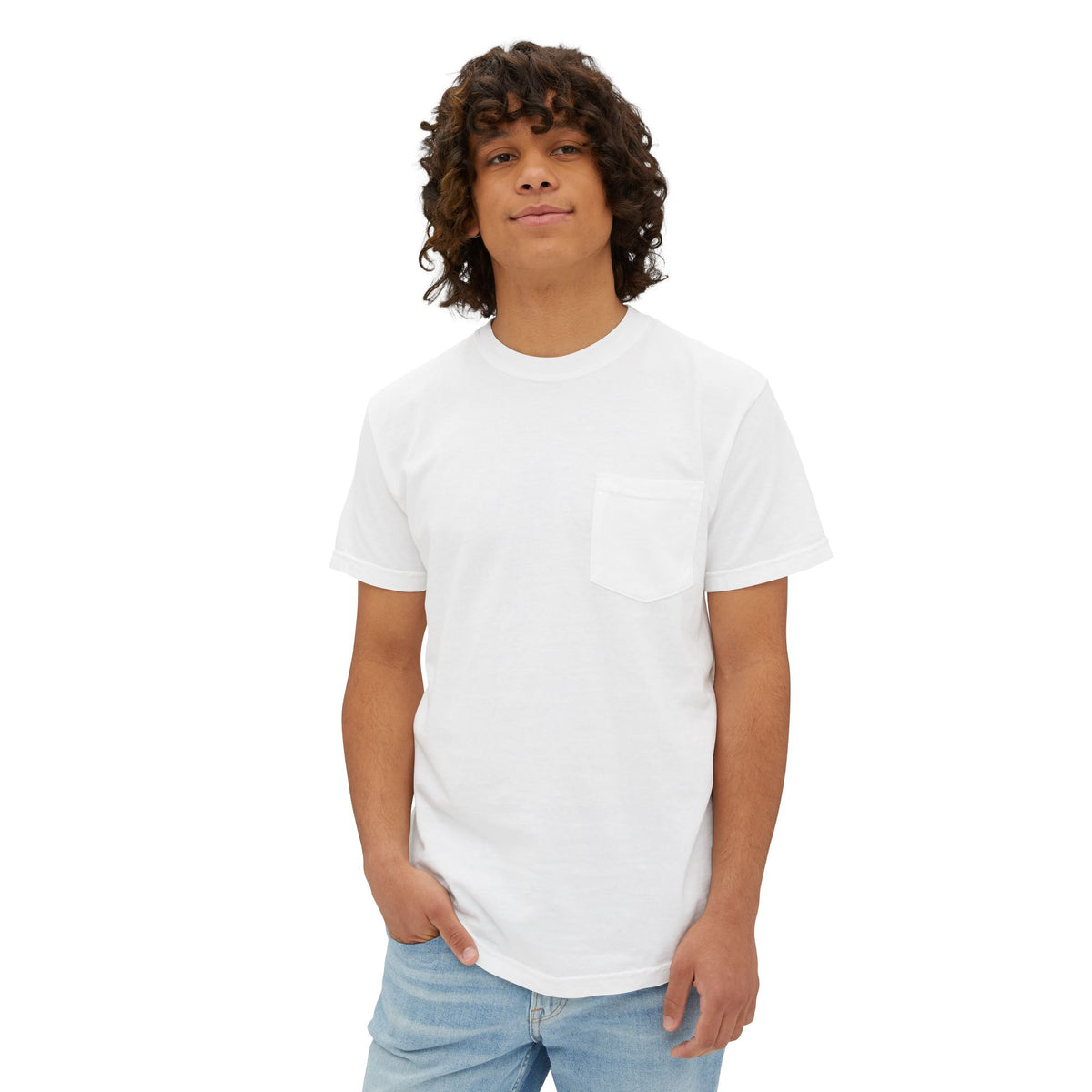 Be Still Pocket Tee, t-shirt, White, front view, worn by a man, BE STILL., Psalm 46:10 (KJV)