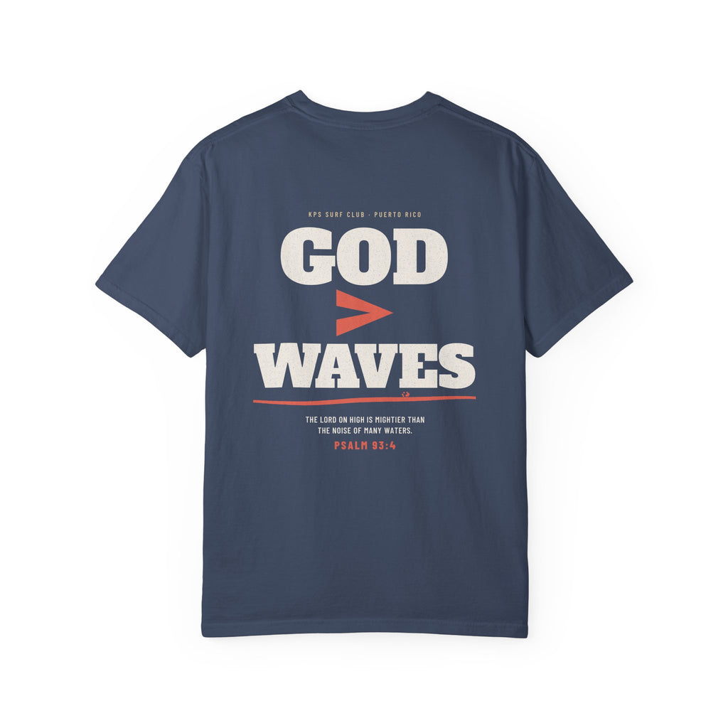 God Greater Than Waves Surf Tee, Midnight, back view, GOD > WAVES. Psalm 93:4 (KJV)