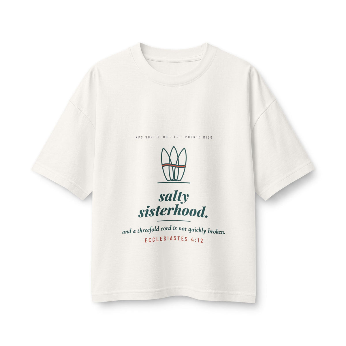 Salty Sisterhood Women's Boxy Tee, Vintage White, front view, SALTY SISTERHOOD. Ecclesiastes 4:12 (KJV)