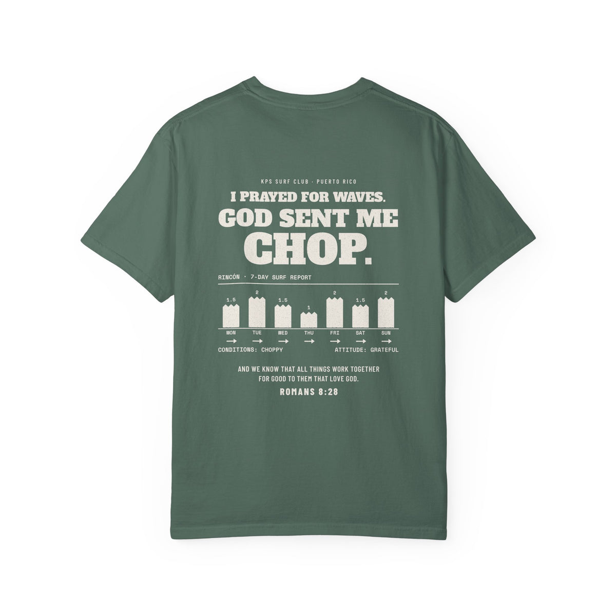God Sent Me Chop Surf Tee, Blue Spruce, back view, I PRAYED FOR WAVES. GOD SENT ME CHOP. Romans 8:28 (KJV)
