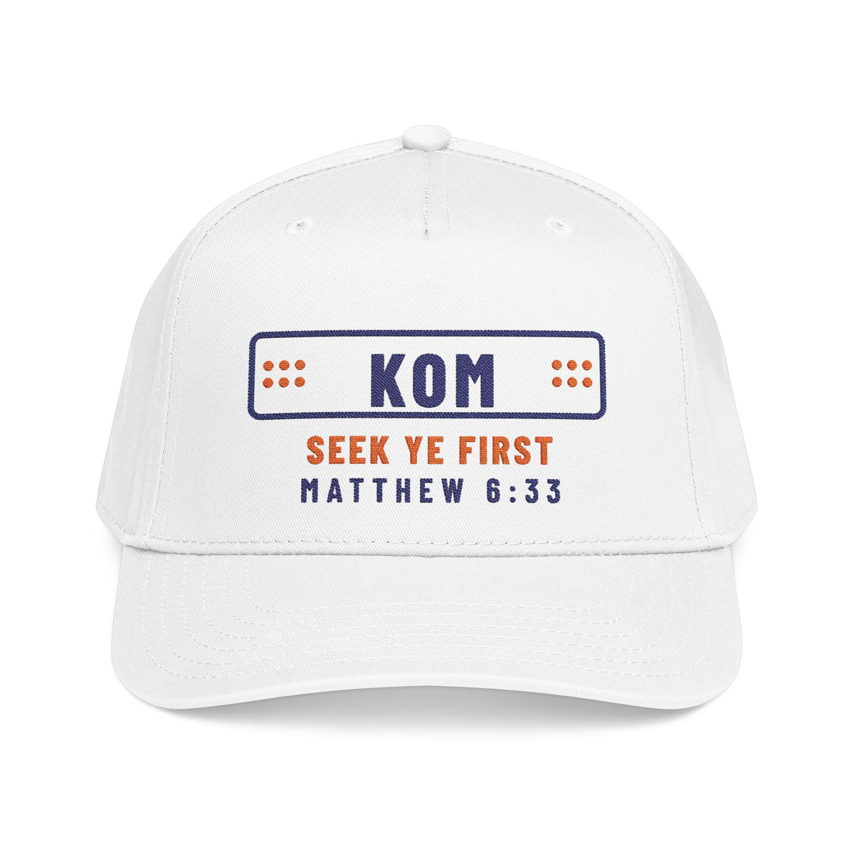 KOM Polka-Dot Cap, White, front view, SEEK YE FIRST. THEN THE KOM. Matthew 6:33 (KJV)