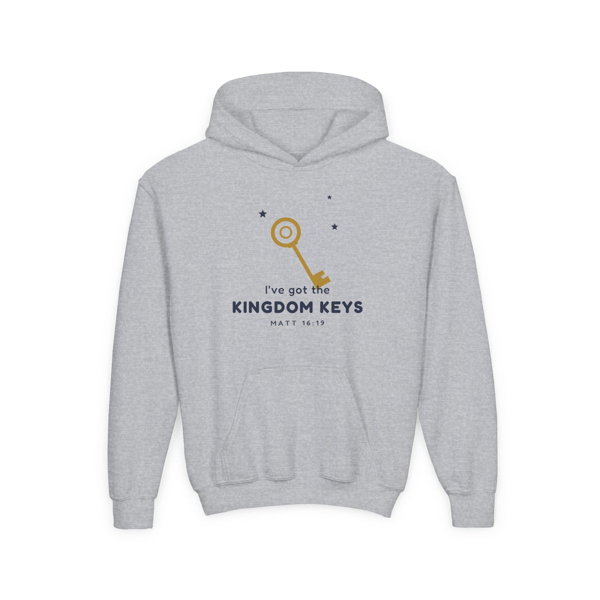 Kingdom Keys Youth Hoodie, kids' hoodie, Sport Grey, front view, I'VE GOT THE KINGDOM KEYS., Matthew 16:19 (KJV)