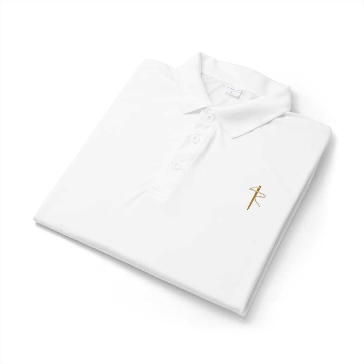 Embroidered Gold Cross Polo, polo shirt, White, folded, THE CROSS., Galatians 6:14 (KJV)