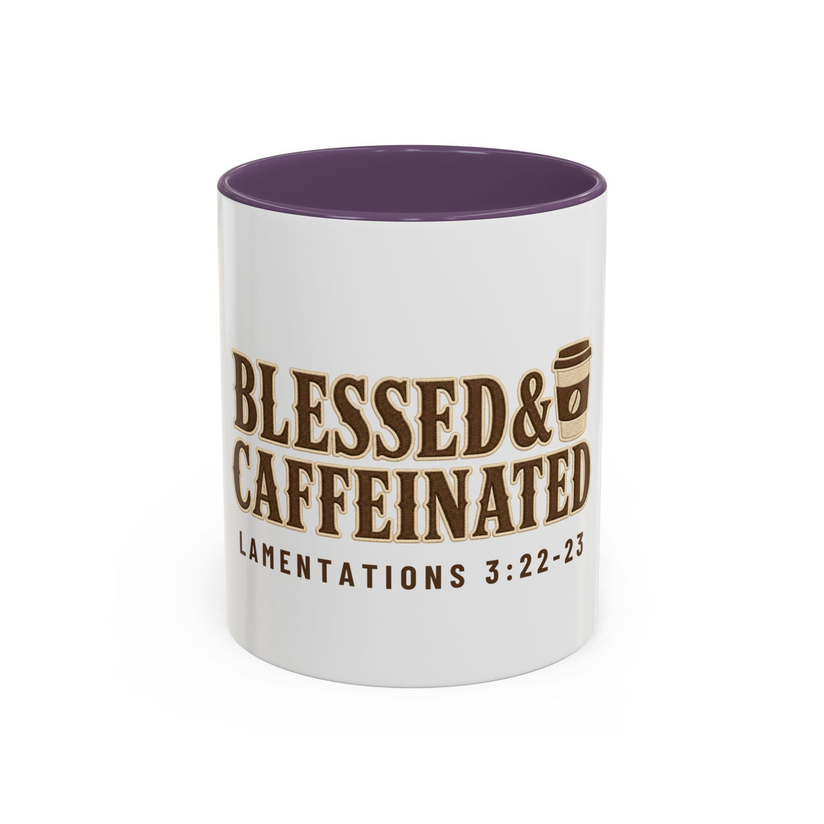 Blessed & Caffeinated Mug, mug, Purple inside and handle, front view, BLESSED & CAFFEINATED, Lamentations 3:22-23 (KJV)