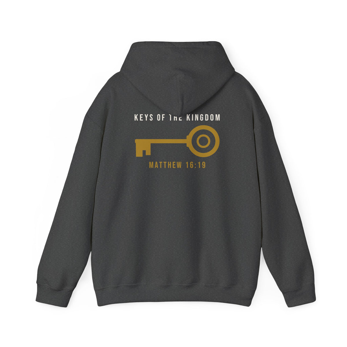 Keys of the Kingdom Hoodie, hoodie, Dark Heather, back view: KEYS OF THE KINGDOM, gold key and MATTHEW 16:19 across the back, Matthew 16:19 (KJV)