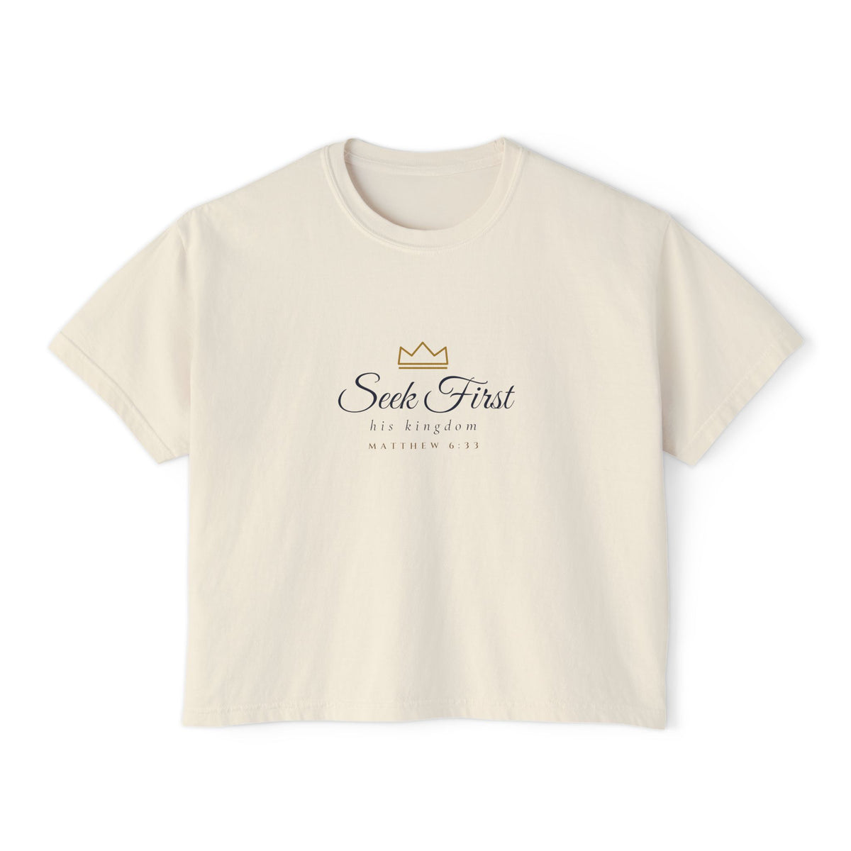 Seek First Crop Tee, crop tee, Ivory, front view, SEEK FIRST his kingdom with crown, Matthew 6:33 (KJV)