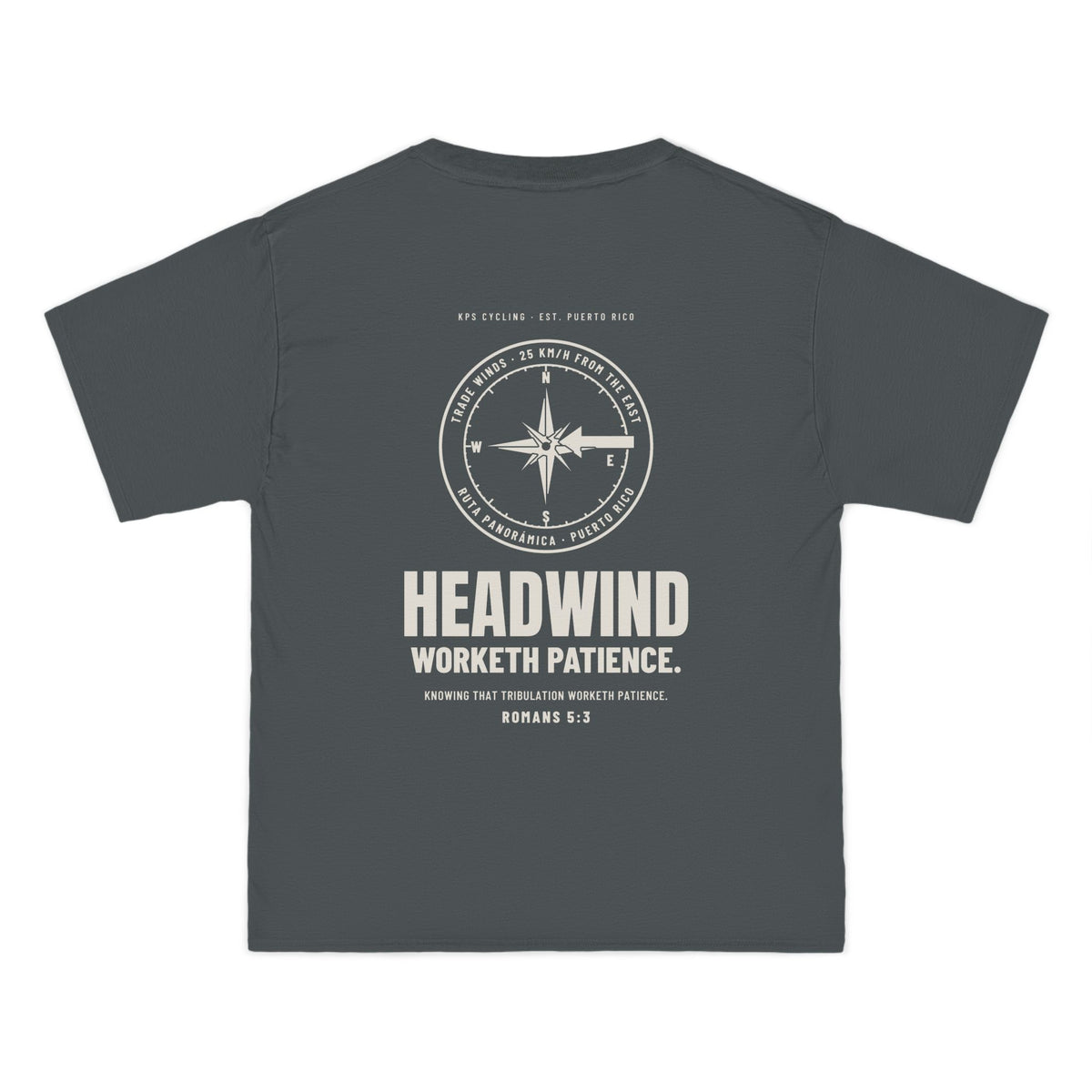 Headwind Worketh Patience Cycling Tee, Smoke Grey, back view, HEADWIND WORKETH PATIENCE. Romans 5:3 (KJV)