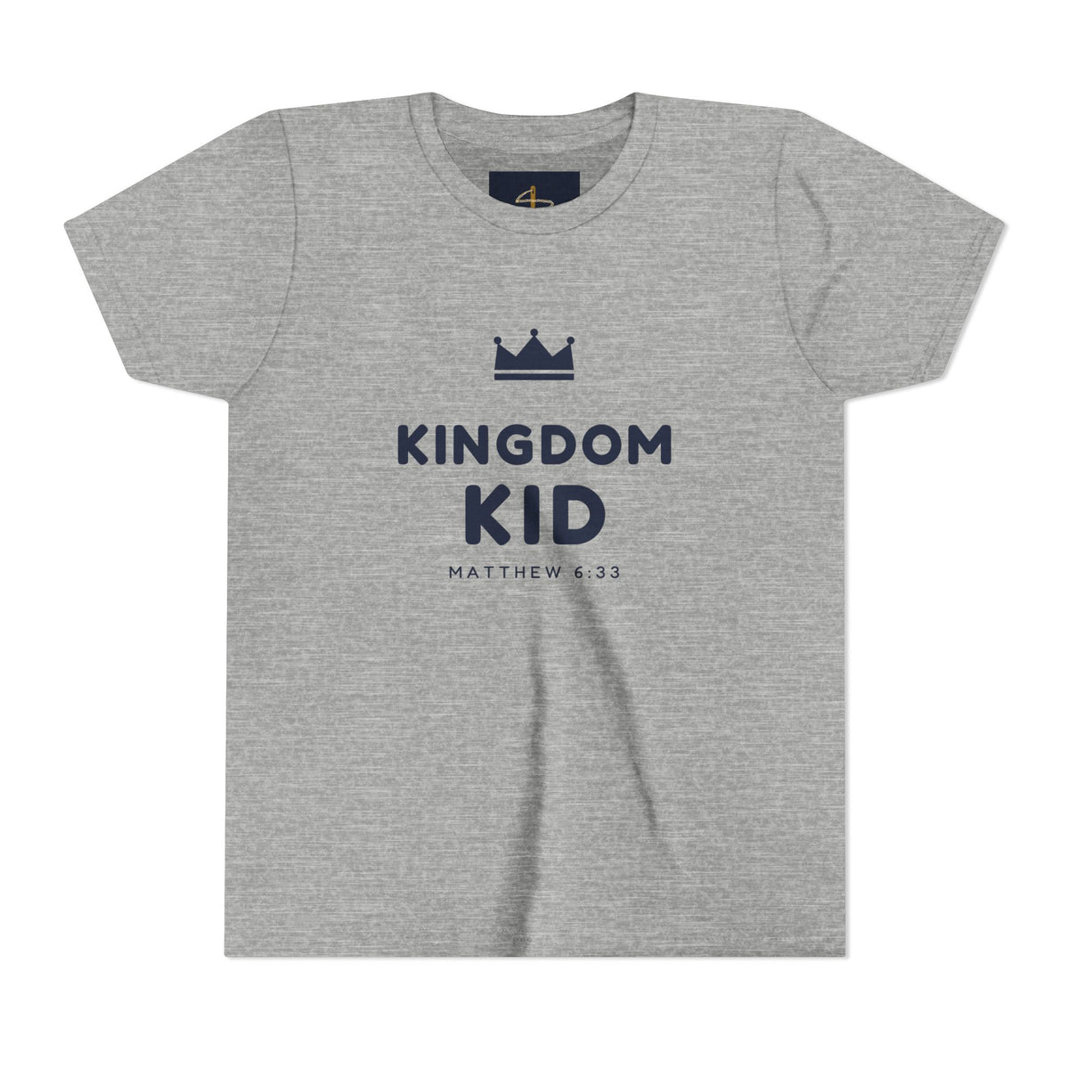 Kingdom Kid Youth Tee in Athletic Heather, front view: KINGDOM KID. crown print, Matthew 6:33 (KJV)
