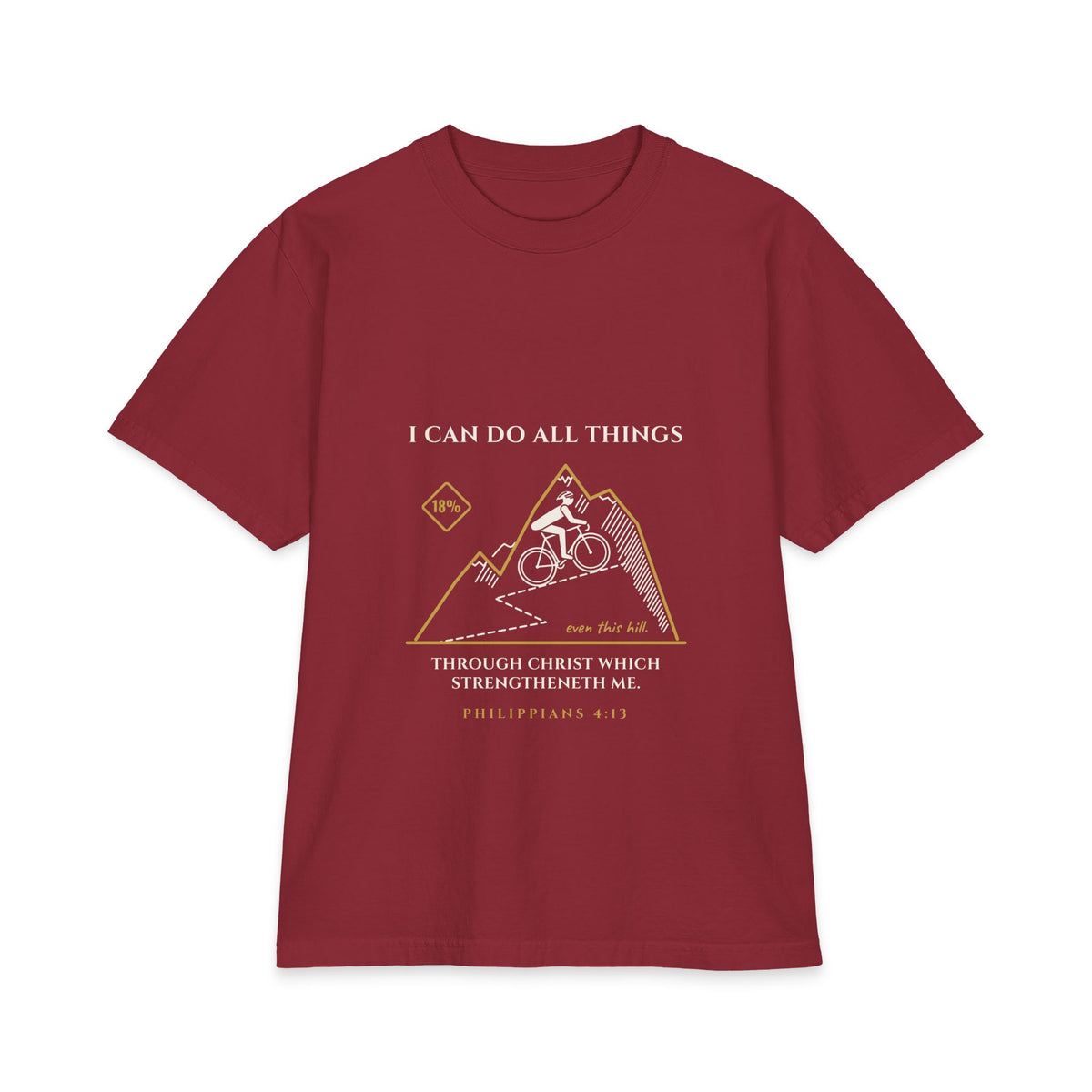 I Can Do All Things (Even This Hill) Cycling Tee, Burgundy, front view, I CAN DO ALL THINGS. (EVEN THIS HILL.) Philippians 4:13 (KJV)