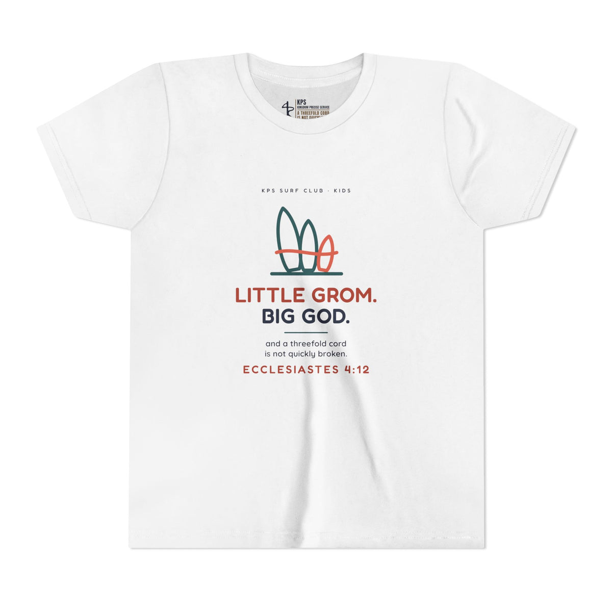 Little Grom. Big God. Youth Tee, White, front view, LITTLE GROM. BIG GOD., Ecclesiastes 4:12 (KJV)