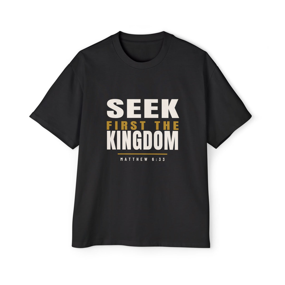 Seek First Block Oversized Tee, t-shirt, Black, front view, SEEK FIRST., Matthew 6:33 (KJV)