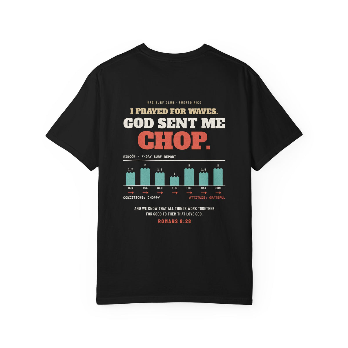 God Sent Me Chop Surf Tee, Black, back view, I PRAYED FOR WAVES. GOD SENT ME CHOP. Romans 8:28 (KJV)