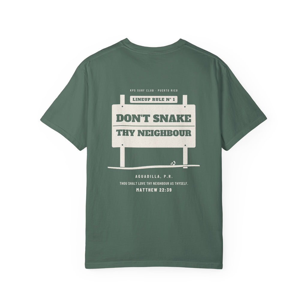 Don't Snake Thy Neighbour Surf Tee, Blue Spruce, back view, DON'T SNAKE THY NEIGHBOUR. Matthew 22:39 (KJV)