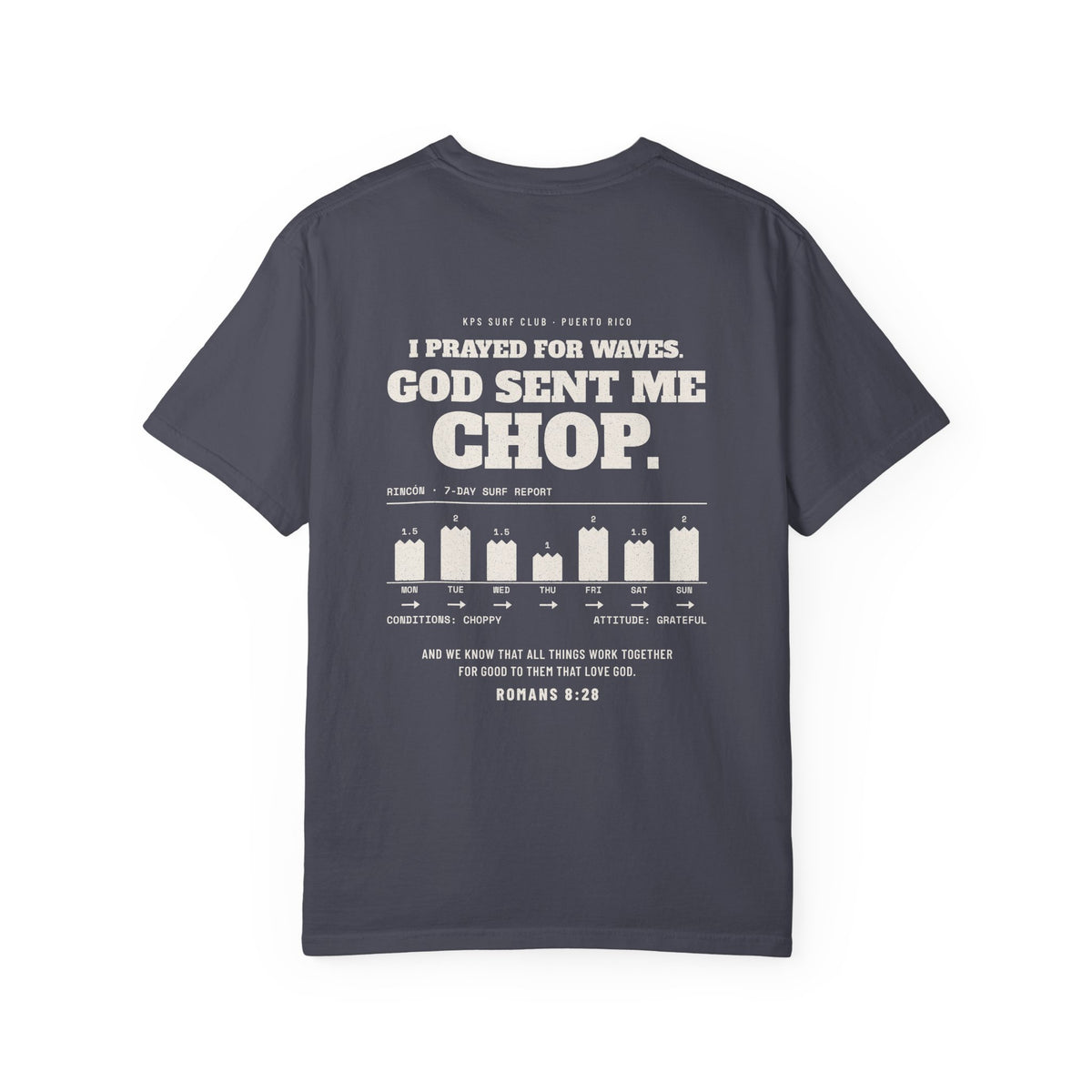 God Sent Me Chop Surf Tee, Navy, back view, I PRAYED FOR WAVES. GOD SENT ME CHOP. Romans 8:28 (KJV)