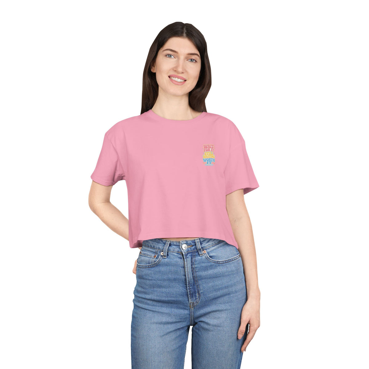 Wait For It Crop Tee, crop t-shirt, Bubblegum, front view, worn by a woman, WAIT FOR IT… STILL WAITING… WORTH IT., Habakkuk 2:3 (KJV)