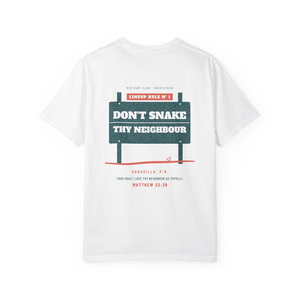 Don't Snake Thy Neighbour Surf Tee, White, back view, DON'T SNAKE THY NEIGHBOUR. Matthew 22:39 (KJV)