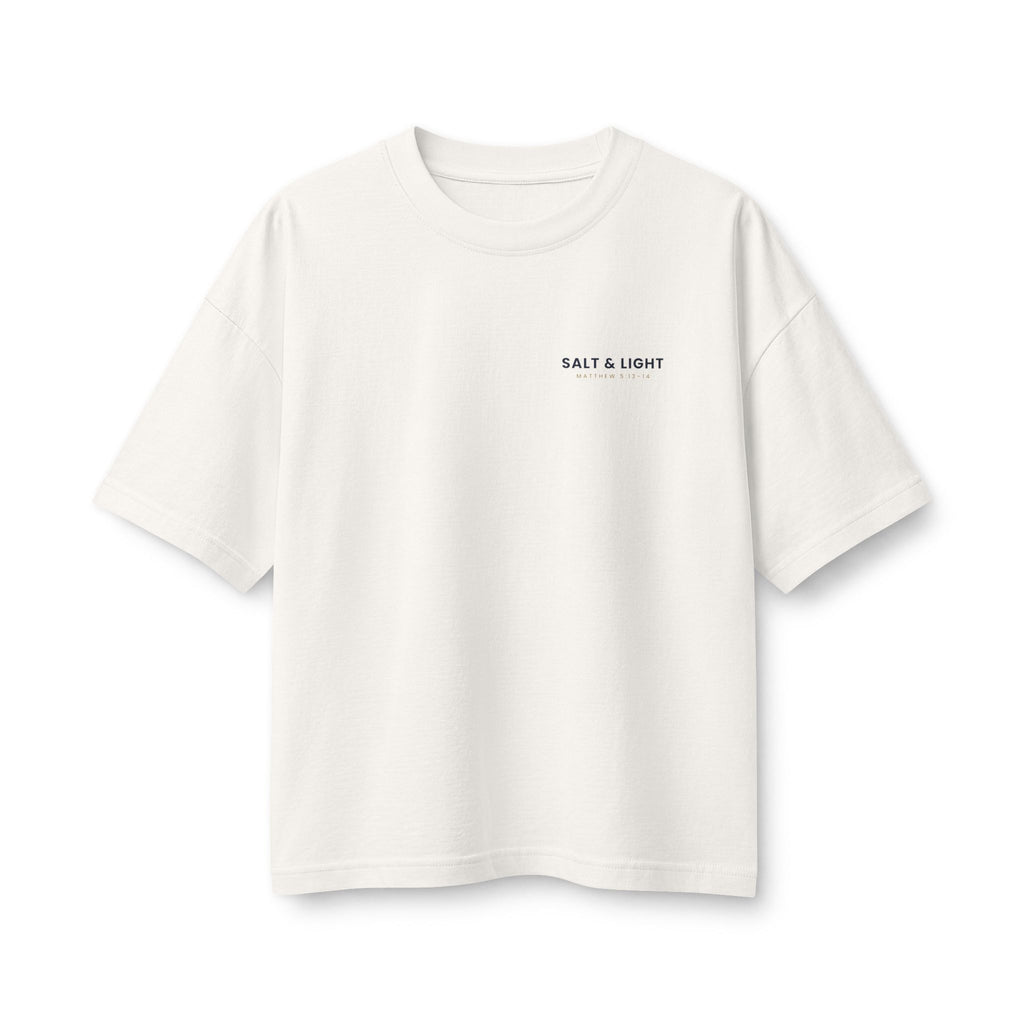 Salt & Light Women's Boxy Tee, Vintage White, front view, small chest print, SALT & LIGHT., Matthew 5:13–14 (KJV)