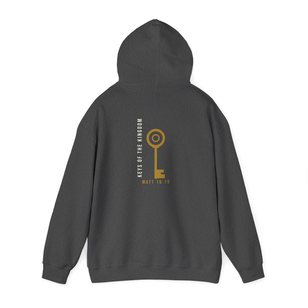 Keys of the Kingdom Hoodie, hoodie, Dark Heather, back view, hood up, KEYS OF THE KINGDOM., Matthew 16:19 (KJV)