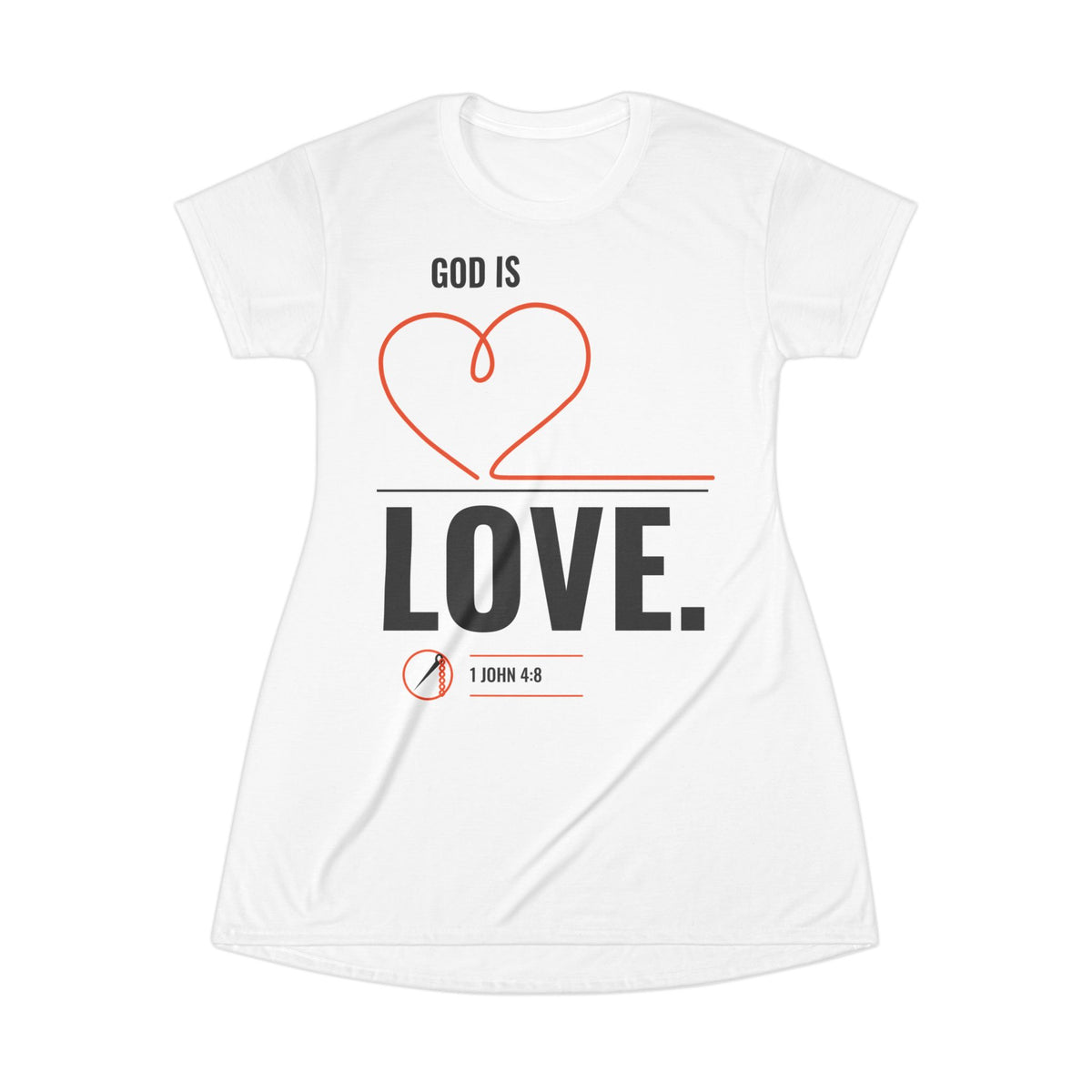 God Is Love Tee Dress, t-shirt dress, White, front view, GOD IS LOVE., 1 John 4:8 (KJV)