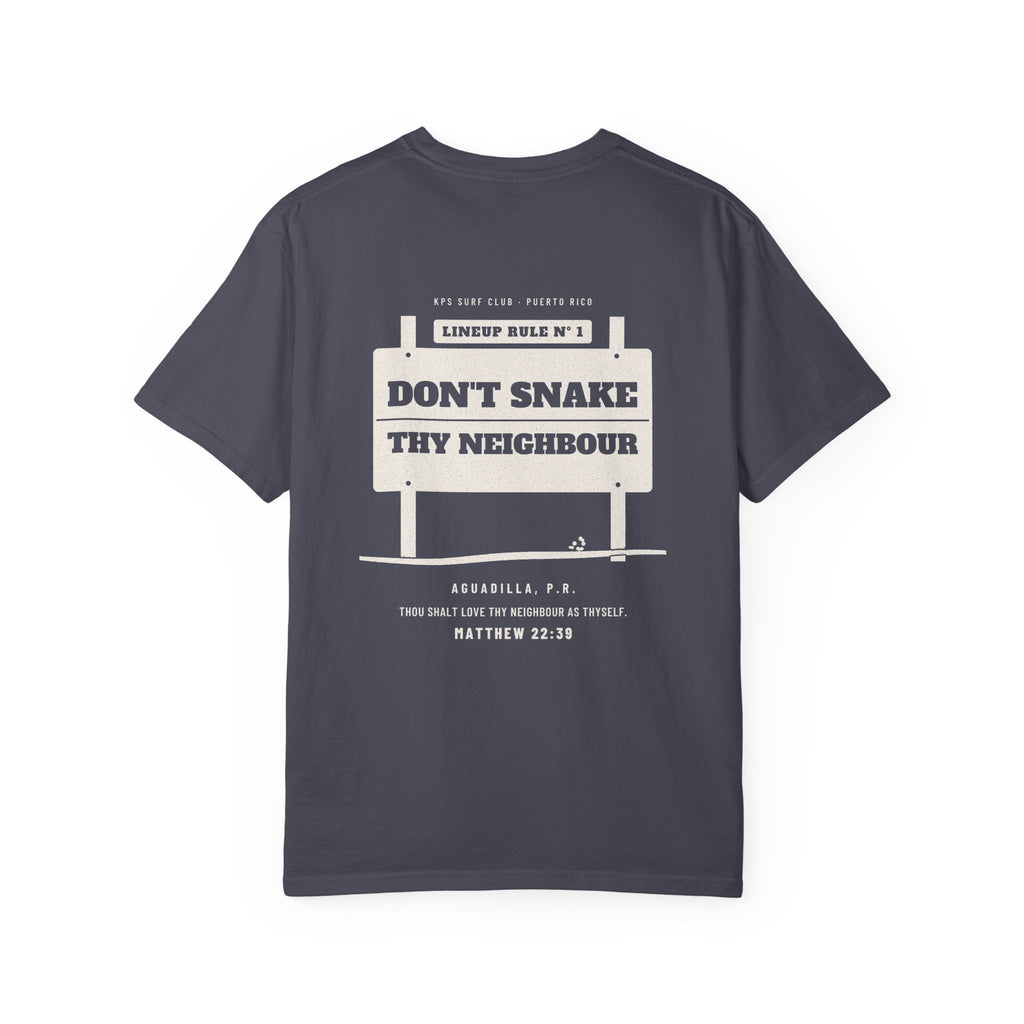 Don't Snake Thy Neighbour Surf Tee, Navy, back view, DON'T SNAKE THY NEIGHBOUR. Matthew 22:39 (KJV)