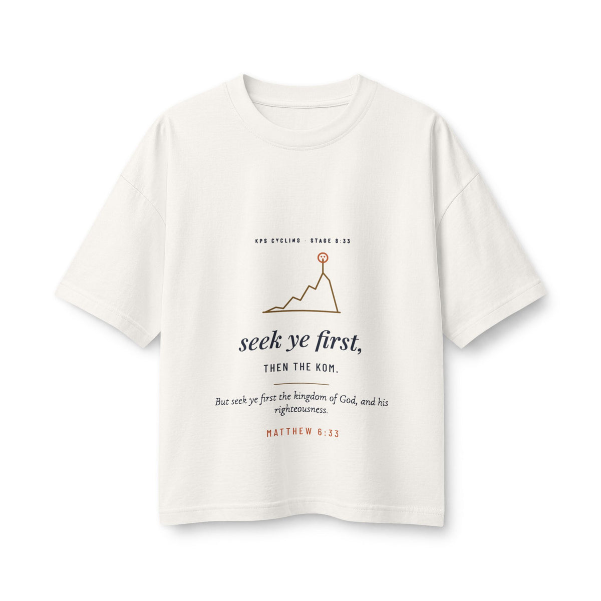 Seek Ye First Women's Boxy Tee, Vintage White, front view, SEEK YE FIRST. THEN THE KOM. Matthew 6:33 (KJV)