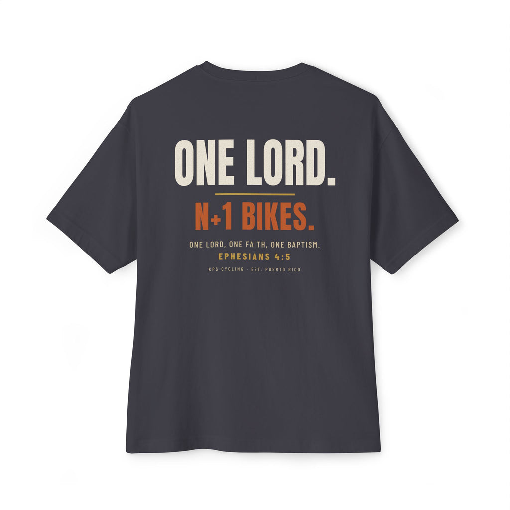 One Lord N+1 Bikes Cycling Tee, Dark Grey, back view, ONE LORD. N+1 BIKES. Ephesians 4:5 (KJV)