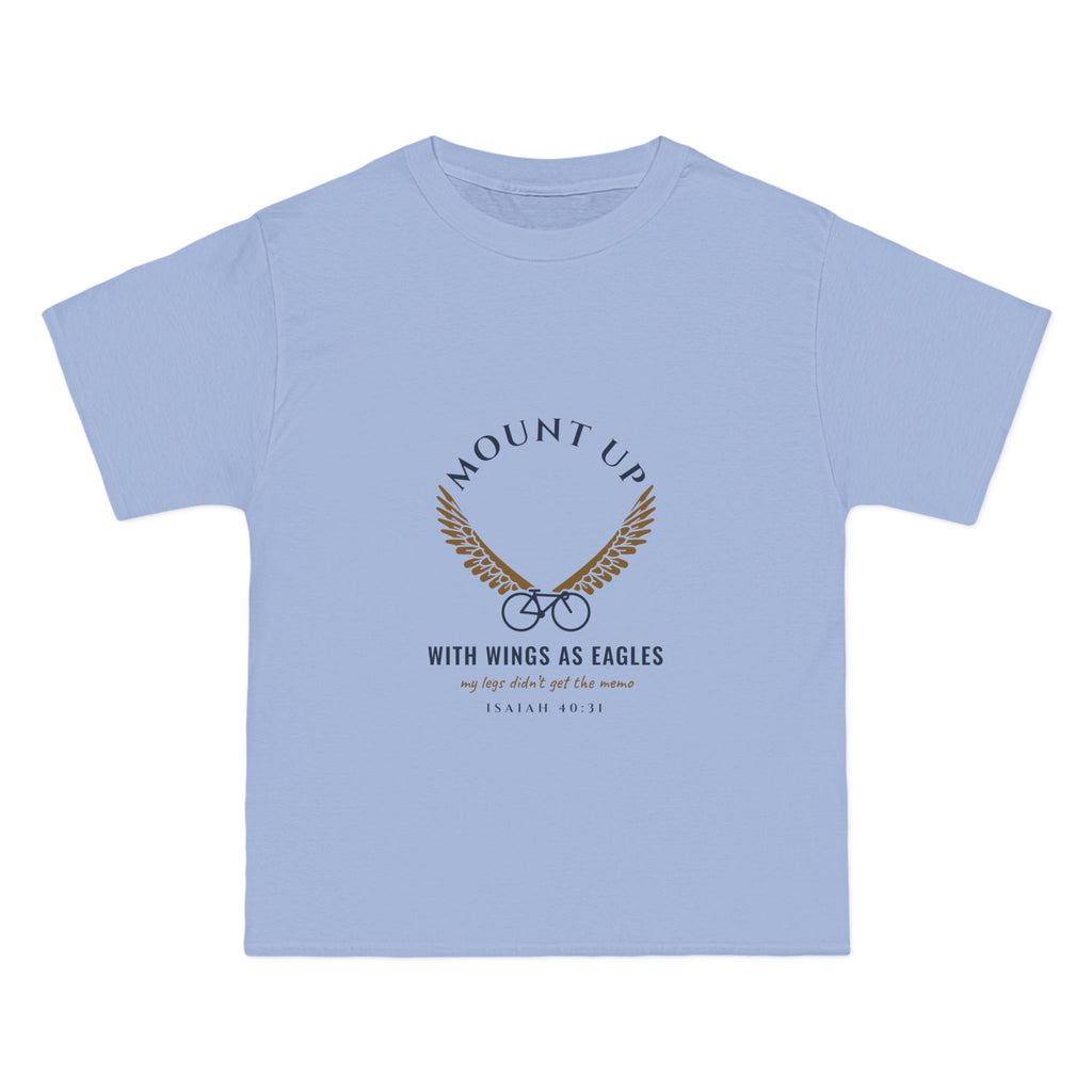 Mount Up (My Legs Didn't Get the Memo) Cycling Tee, Light Blue, front view, MOUNT UP. (MY LEGS DIDN'T GET THE MEMO.) Isaiah 40:31 (KJV)