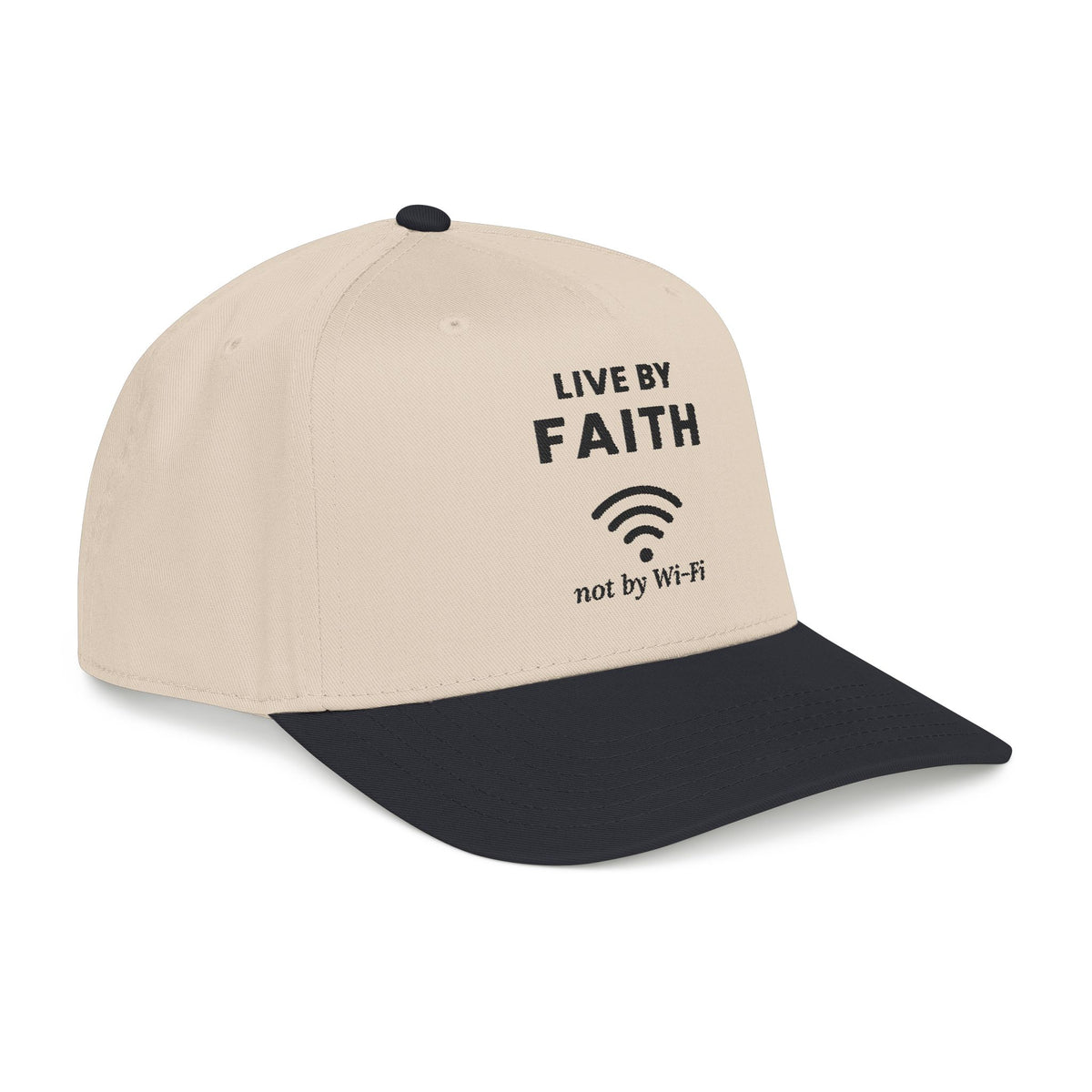 Not by Wi-Fi Cap in Natural with Black brim, right side view: LIVE BY FAITH, Wi-Fi icon, not by Wi-Fi front print, Habakkuk 2:4 (KJV)