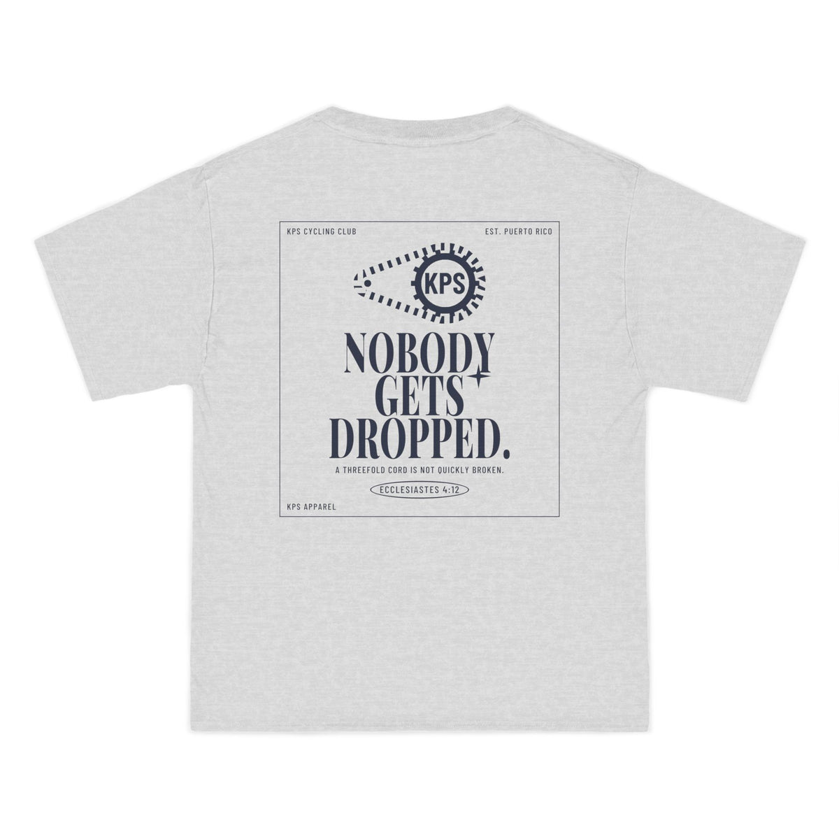 KPS Cycling Club Tee, Ash, back view, KPS CYCLING CLUB. Ecclesiastes 4:12 (KJV)