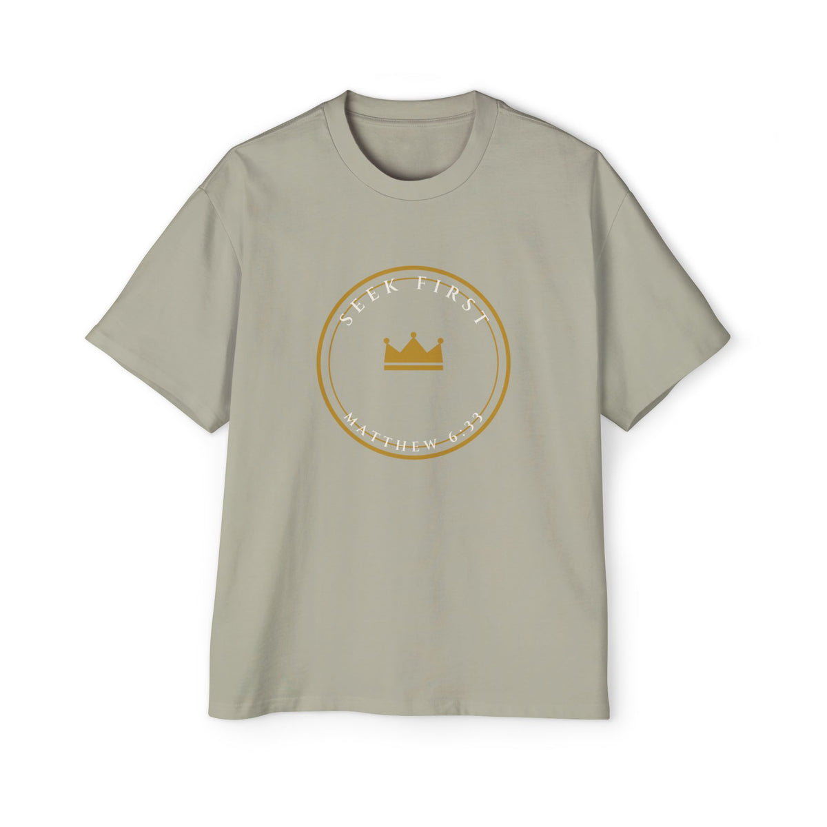 Seek First Crest Oversized Tee, t-shirt, Faded Eucalyptus, front view, SEEK FIRST., Matthew 6:33 (KJV)